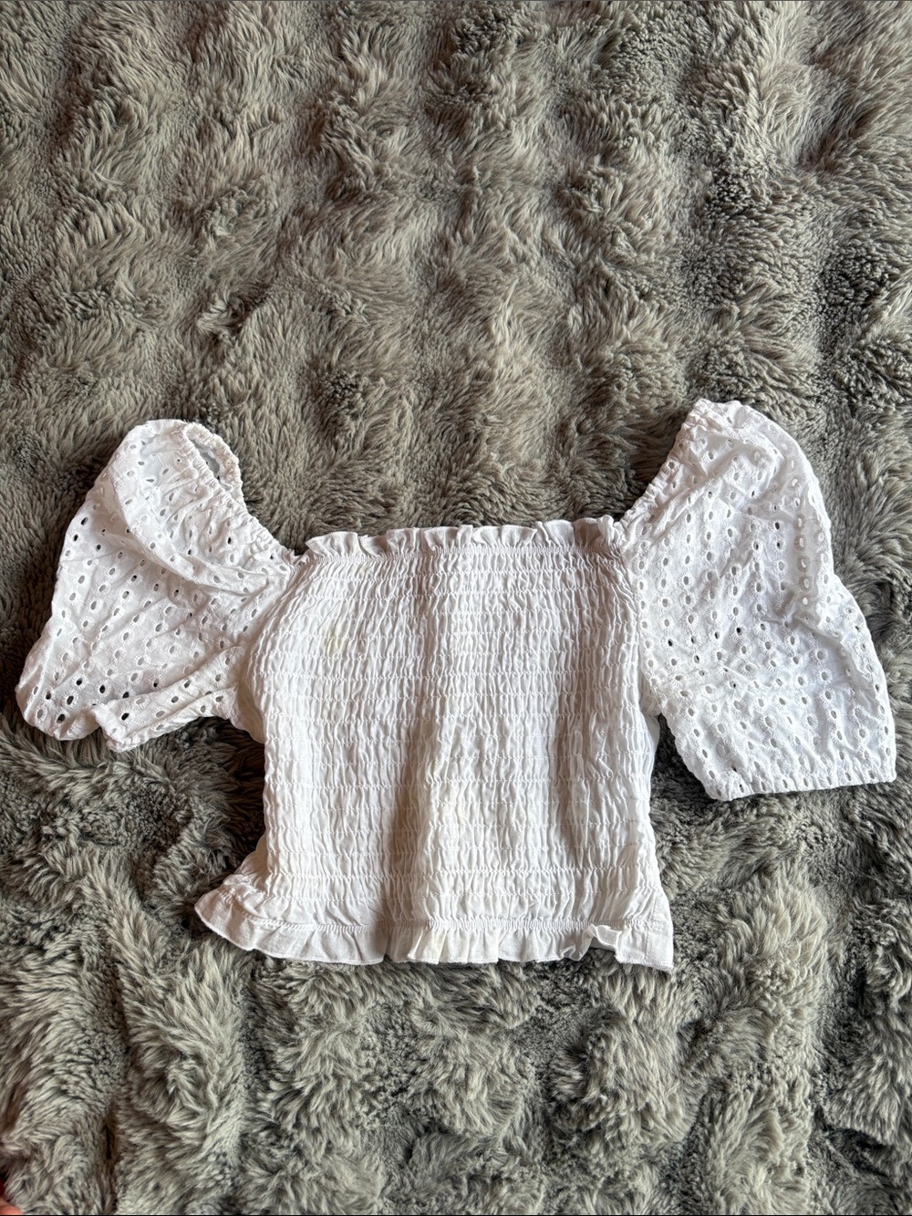 Love Tree White Eyelet Smocked Puff-Sleeve Crop Top